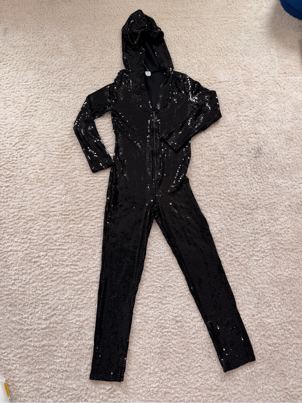 Women’s Black Sequin Hooded One-Piece Jumpsuit